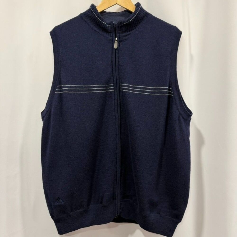 Adidas Men's XL Full Zip Striped Wool Navy Blue Sweater Vest 662